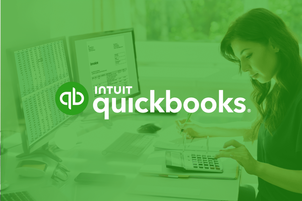 Concept for Quickbooks Pricing. Woman using a laptop and calculator