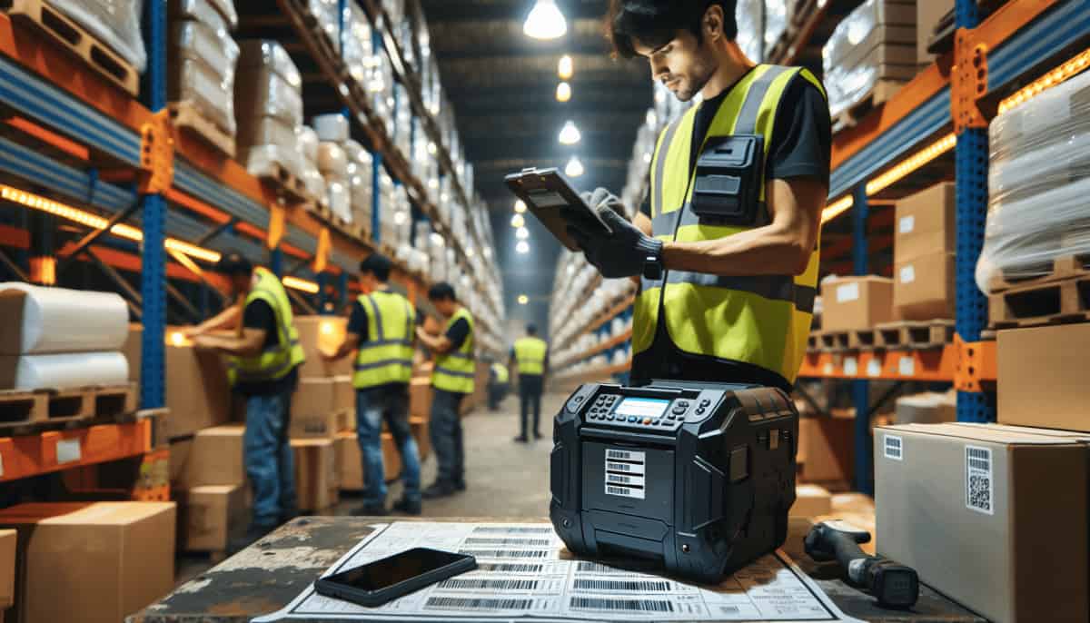 Rugged mobile printer being used in a warehouse