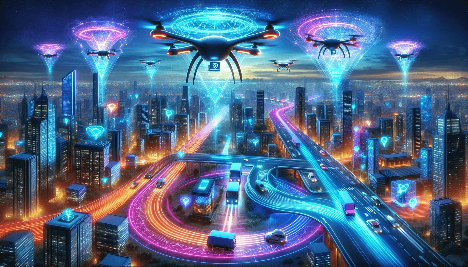 A futuristic concept art showing advanced technologies in delivery route planning, like drones and automated vehicles.