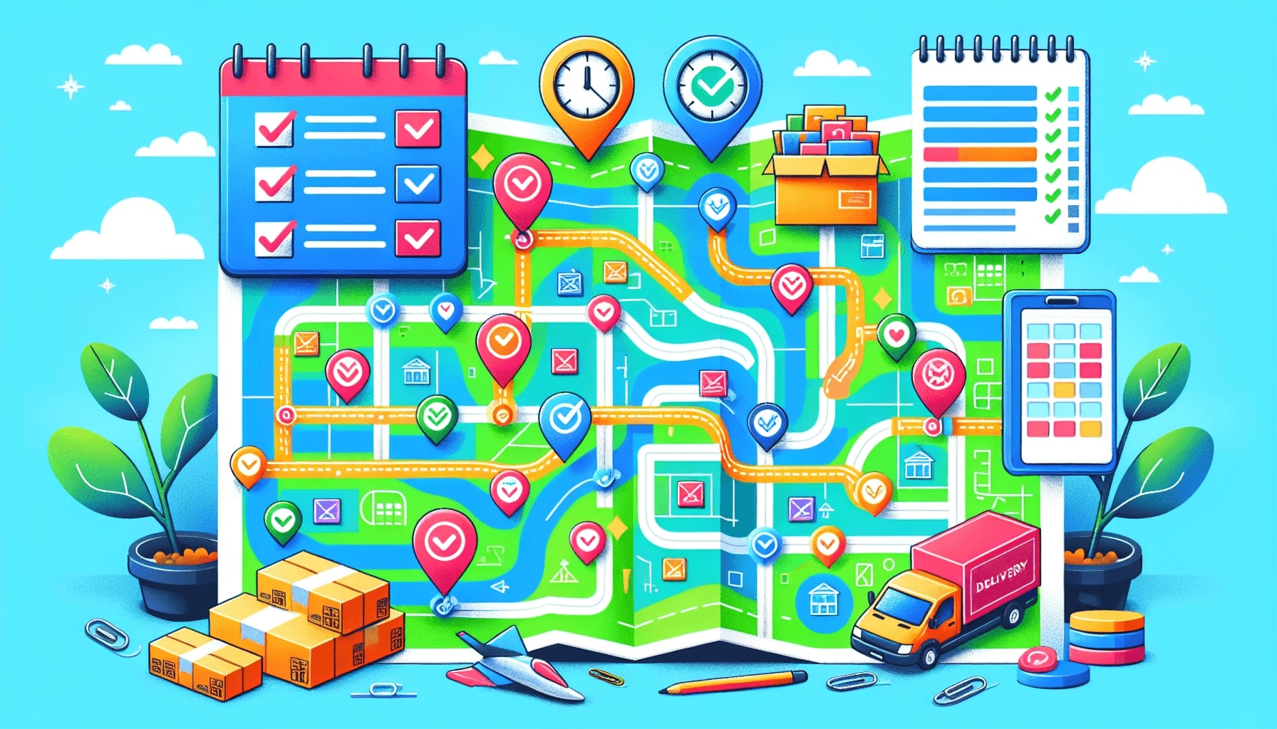 An illustration depicting the steps to plan efficient delivery routes, including mapping and scheduling