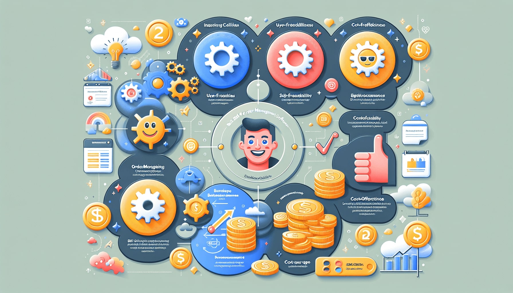 An infographic illustrating factors to consider when choosing B2B order management software.