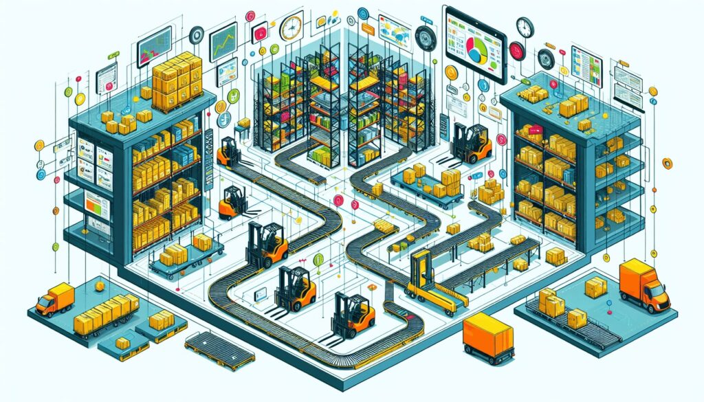 An illustration depicting various warehouse logistics components.