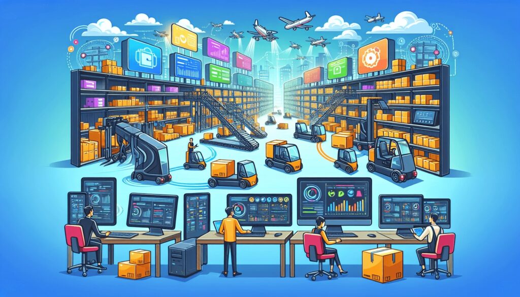 A cartoon representation of technology integration in a 3PL warehouse