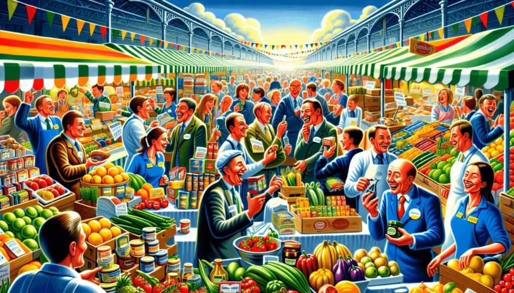 an illustration depicting various wholesale food distributors in action.