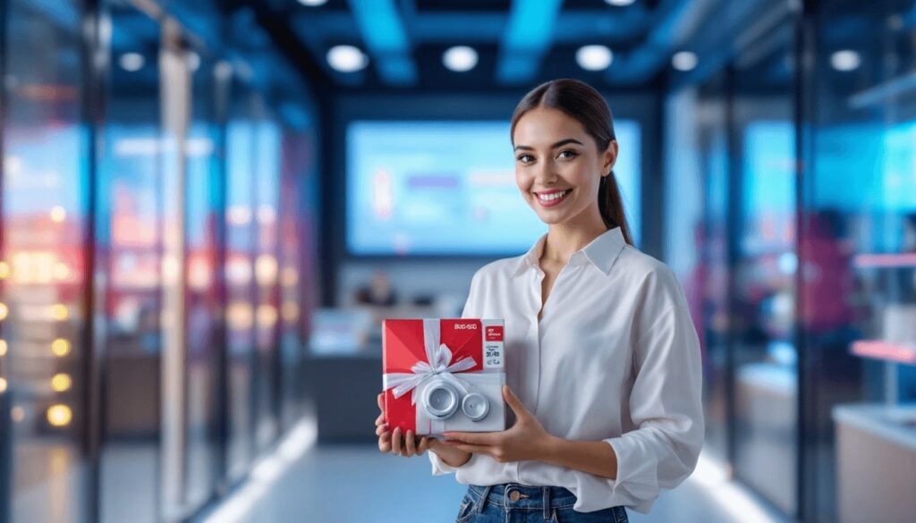 A satisfied customer receiving a product in a retail store.