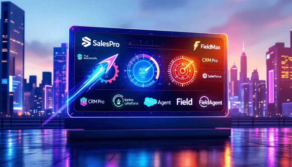 A visual representation of various field sales management software logos and features.