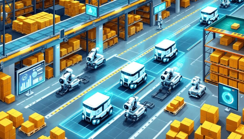 An illustration of technology solutions for accurate order picking, featuring automated mobile robots in action.