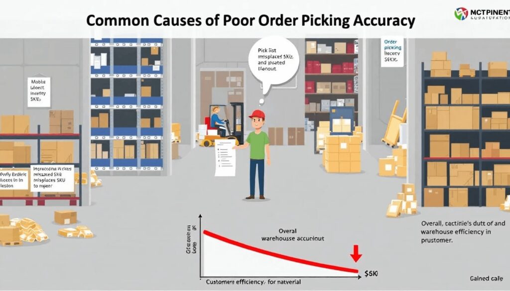 An image depicting common causes of poor order picking accuracy, such as human error and inefficient warehouse layout.