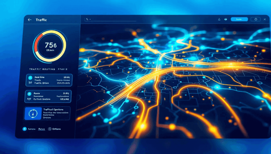 An illustration of truck routing software interface showing route planning tools.