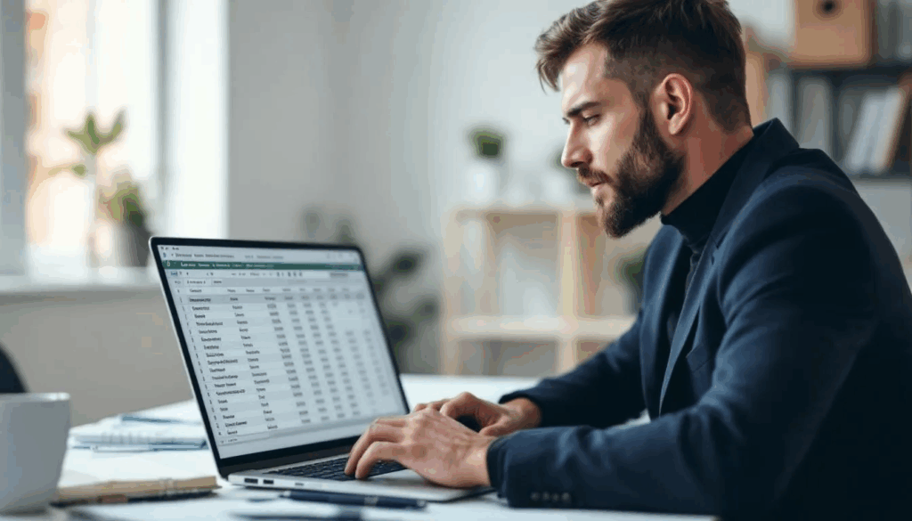 A business owner is focused on creating SKU codes on their laptop, with an inventory spreadsheet open on the screen, showcasing the importance of accurate inventory tracking and SKU management