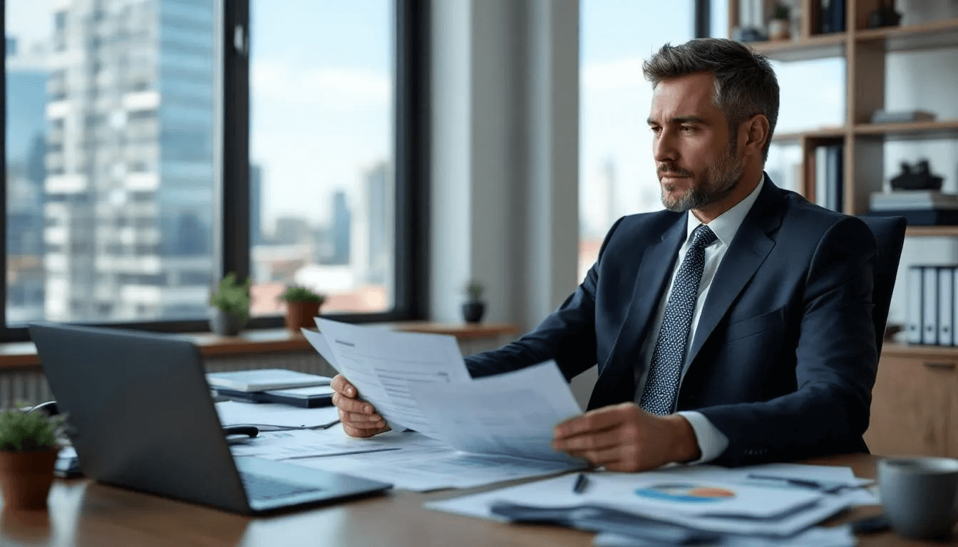 A business owner is seated at a desk, reviewing financial documents and inventory reports that include the cost of goods sold