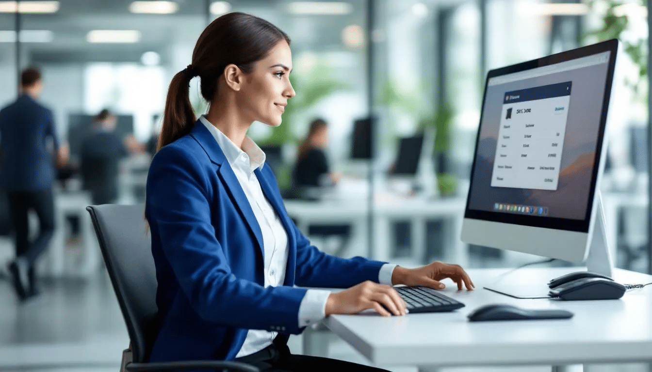 A customer service representative is seated at a desk, focused on a computer screen displaying SKU codes