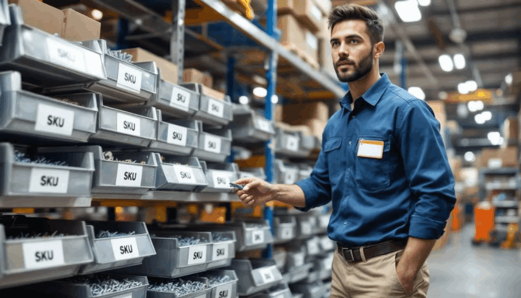 A hardware store employee is seen organizing inventory, with clearly visible SKU labels on various bins and shelves, facilitating accurate inventory tracking and management.