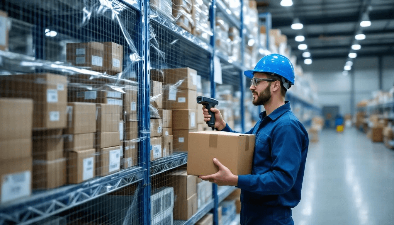 A small warehouse worker is using a mobile device to scan inventory, surrounded by organized shelves
