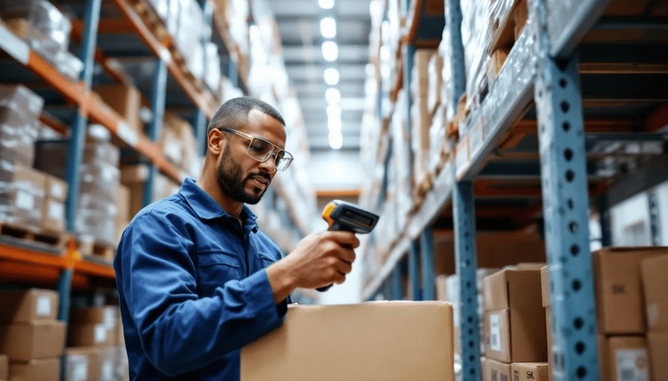 A warehouse worker is scanning a product's barcode, with the SKU label clearly visible on the shelving