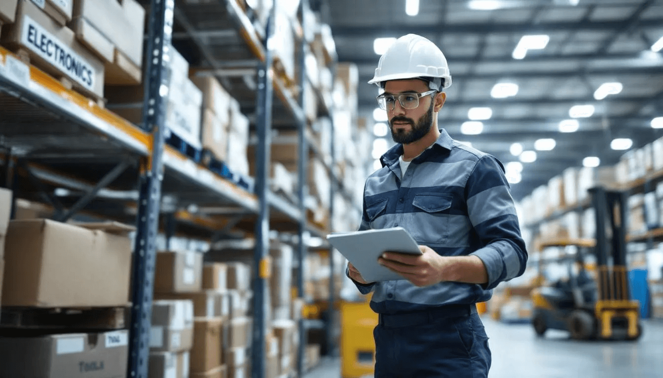 A warehouse worker is seen conducting a physical inventory count, meticulously checking and recording items on shelves, which is essential for calculating the cost of goods sold