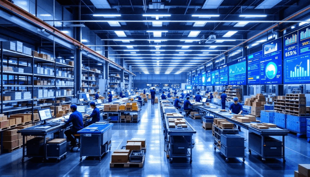 The image depicts a manufacturing facility where various production processes are taking place