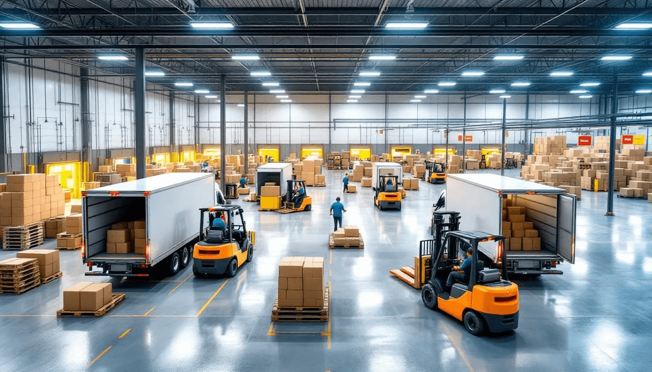 The image depicts a modern convenience store distribution center