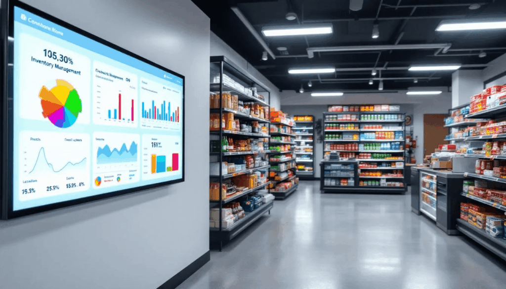 The image depicts a modern convenience store featuring a digital inventory management system