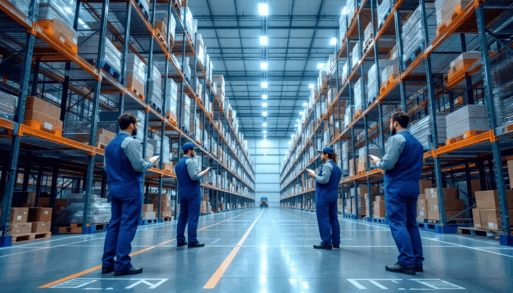 The image depicts a modern warehouse environment where workers are actively using mobile devices to scan SKU barcodes