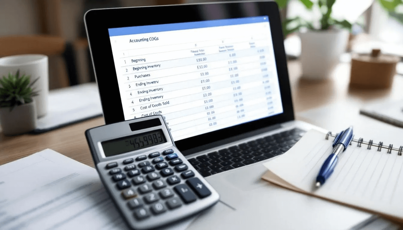 The image features a calculator next to an accounting spreadsheet that outlines the steps for calculating the cost of goods sold (COGS)