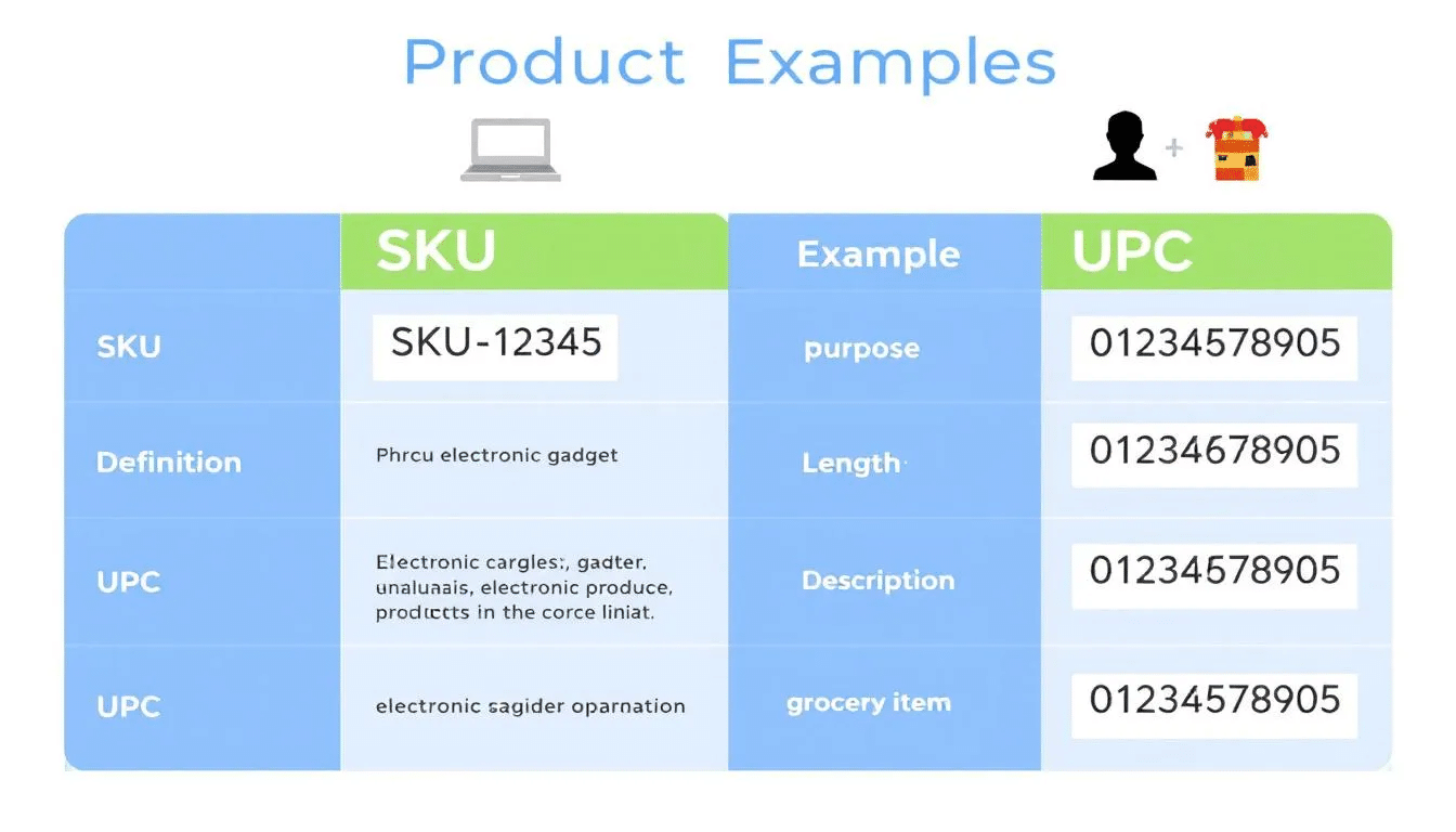 The image is a comparison chart illustrating the differences between SKU (Stock Keeping Unit) and UPC (Universal Product Code) codes