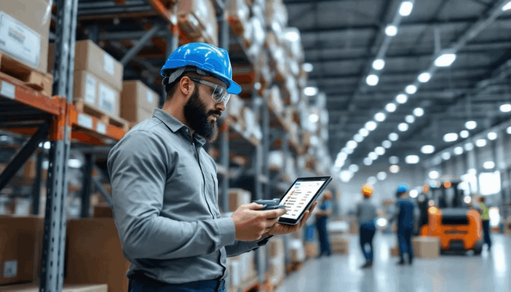 A modern warehouse worker is utilizing a barcode scanner and a tablet to manage inventory efficiently
