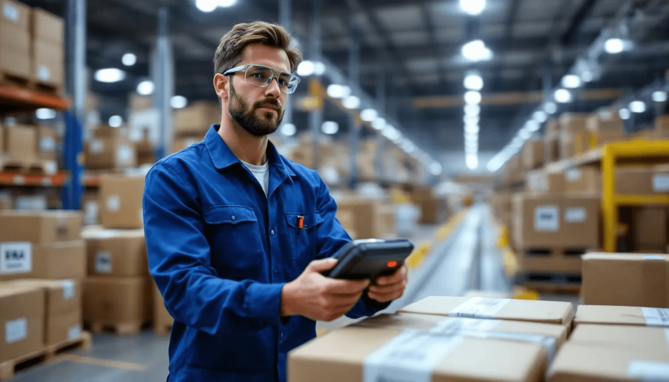 A warehouse worker is scanning packages with return merchandise authorization (RMA) labels