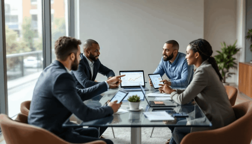 In a business meeting, inventory managers are gathered around a conference table