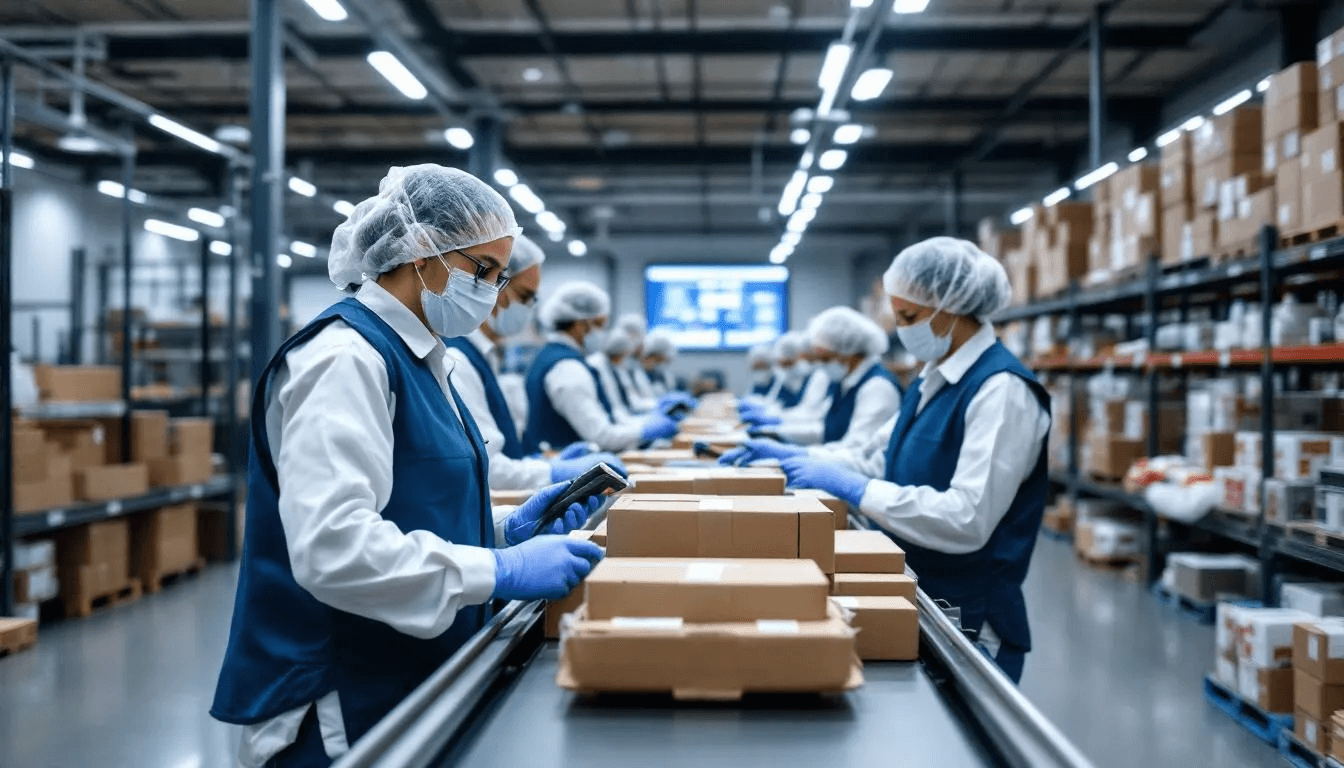 In a modern warehouse, workers are actively scanning barcodes on food products, ensuring compliance with food safety regulations