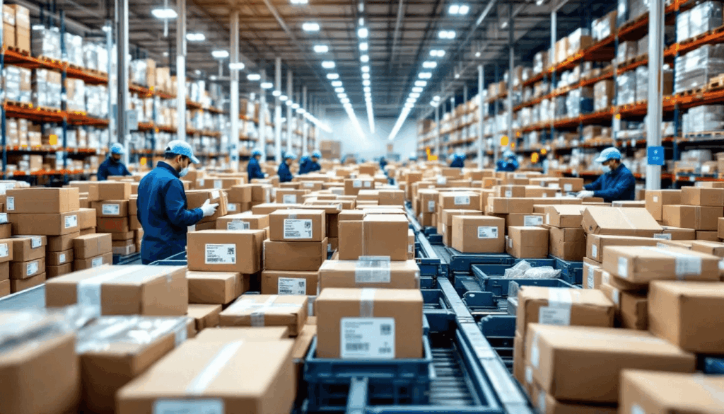 The image depicts a busy fulfillment center where e-commerce packages are being sorted