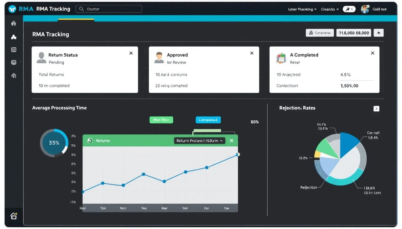 The image depicts a dashboard display of an RMA tracking system