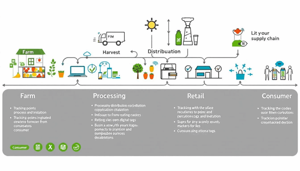 The image depicts a detailed supply chain diagram illustrating the flow of food products from farms to consumers