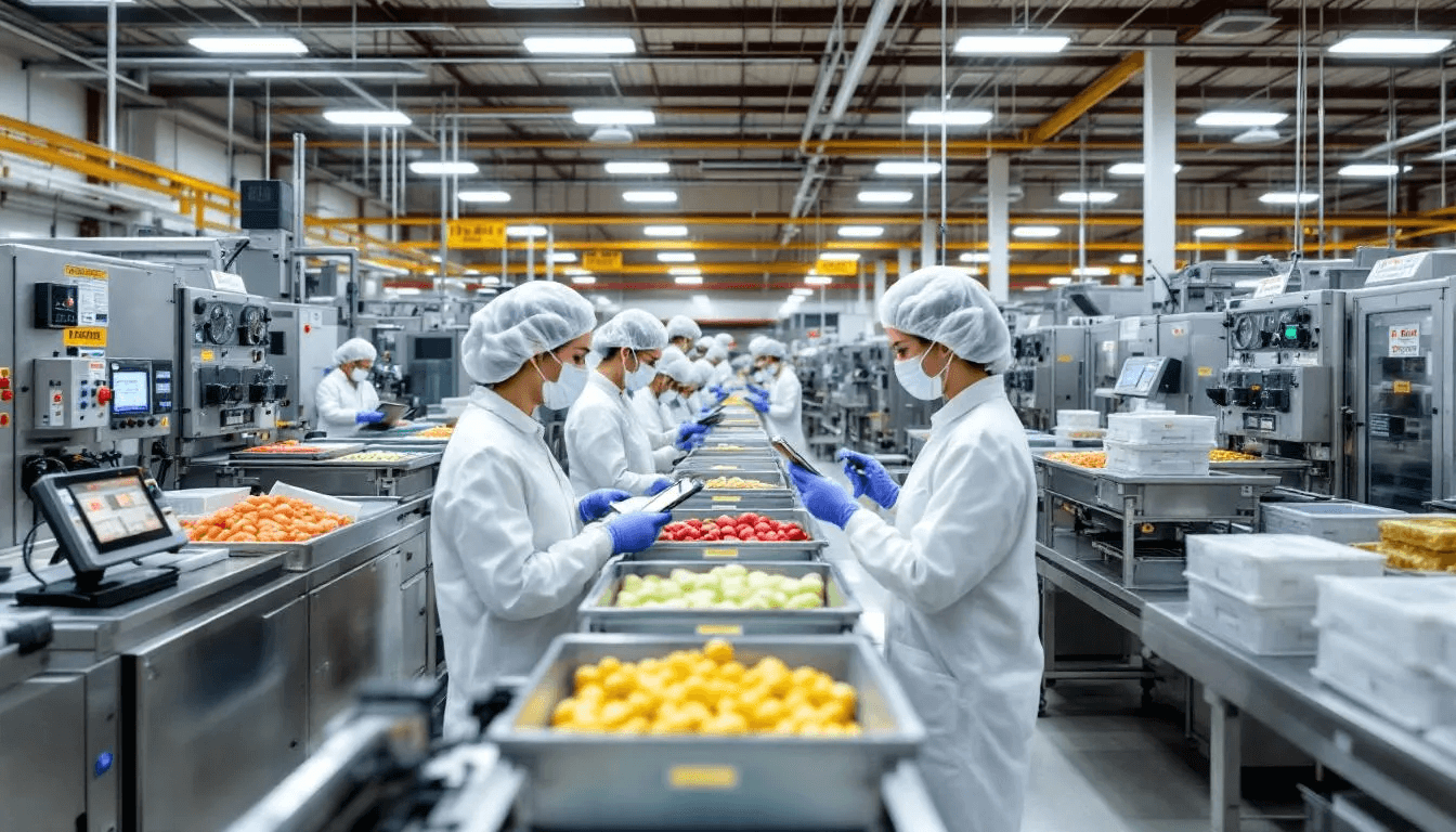The image depicts a modern food processing facility where workers are actively using digital tablets and barcode scanners.