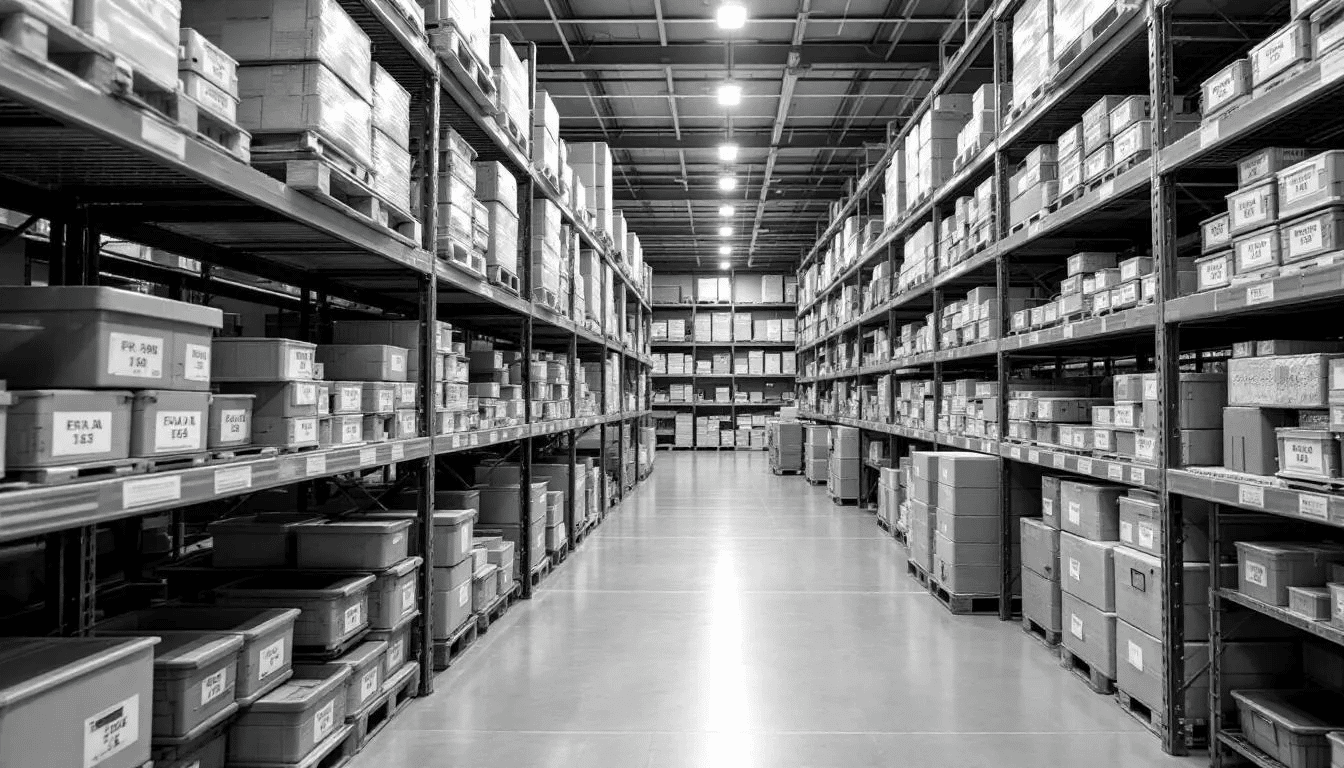 The image depicts a well-organized warehouse showcasing proper inventory rotation