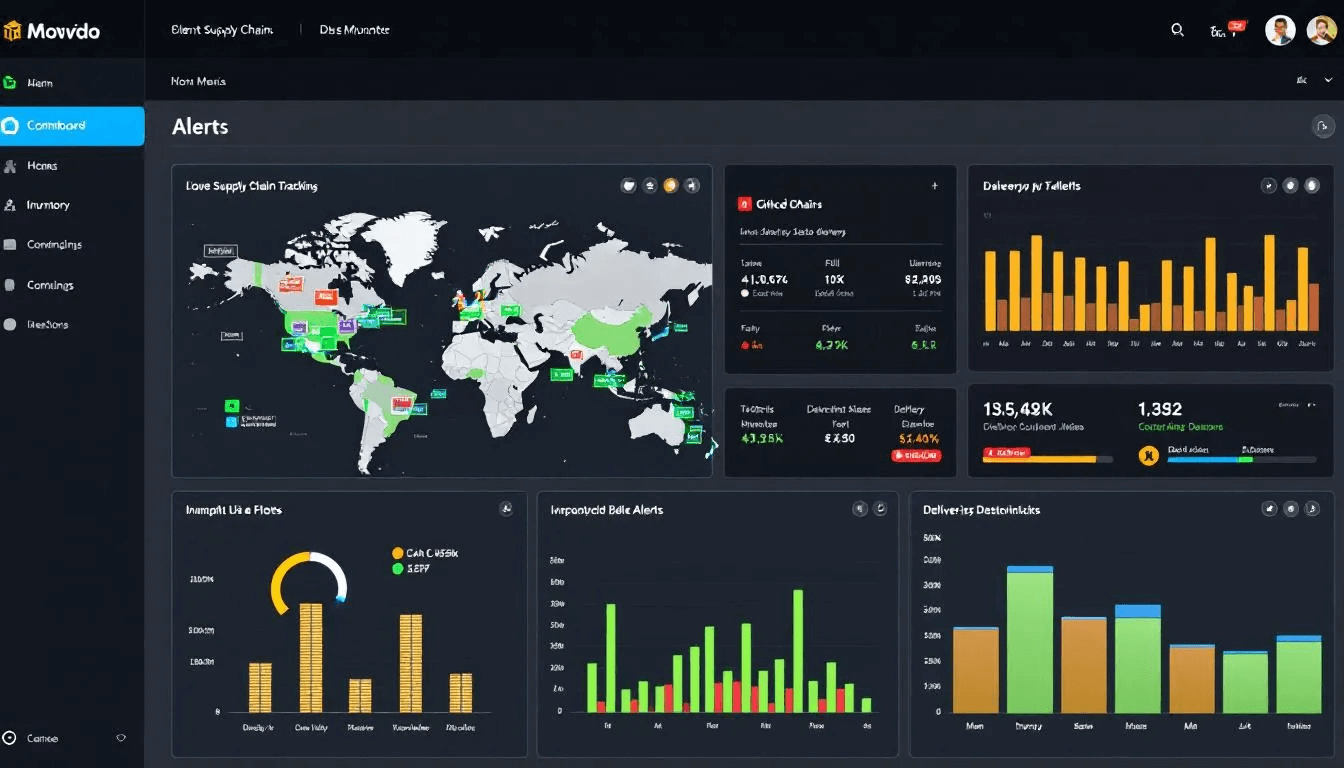The image features a digital dashboard displaying real-time data for supply chain tracking