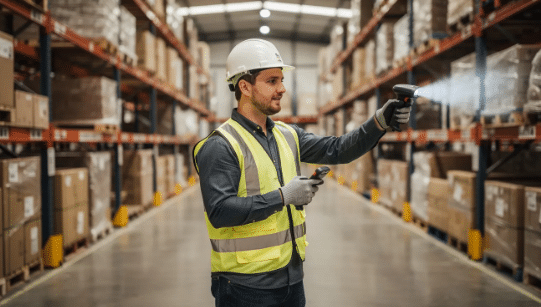 warehouse worker looking for lot code