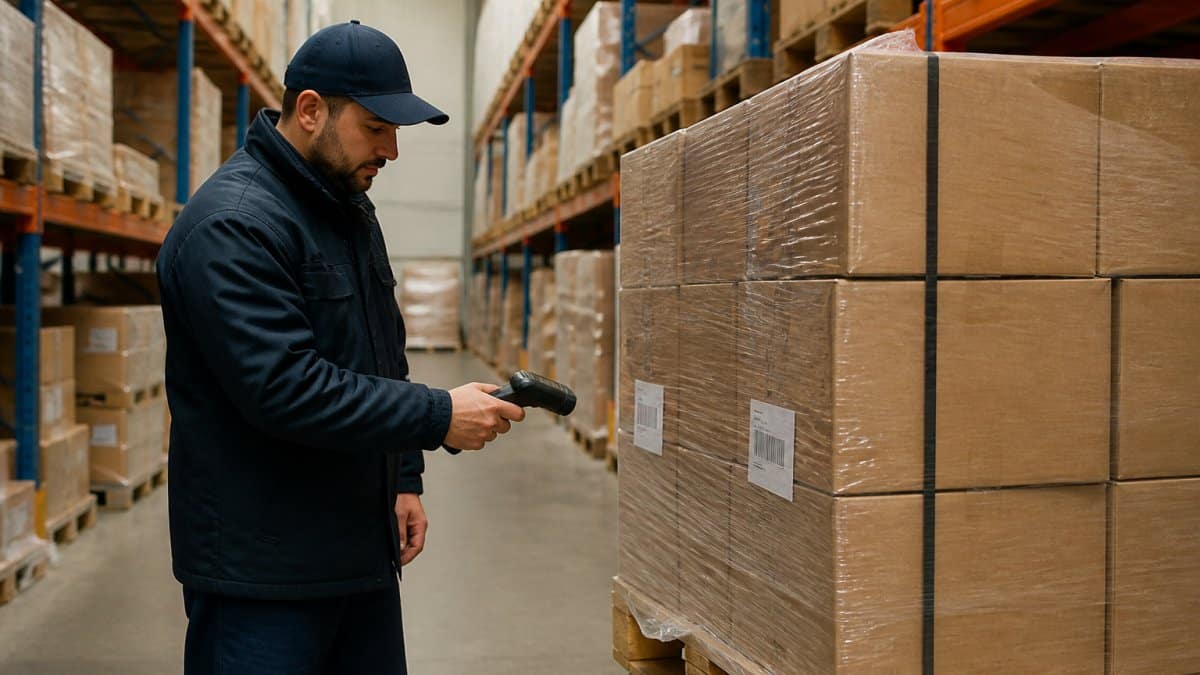 Warehouse manager scanning a pallet barcode for wholesale inventory tracking in a distribution center